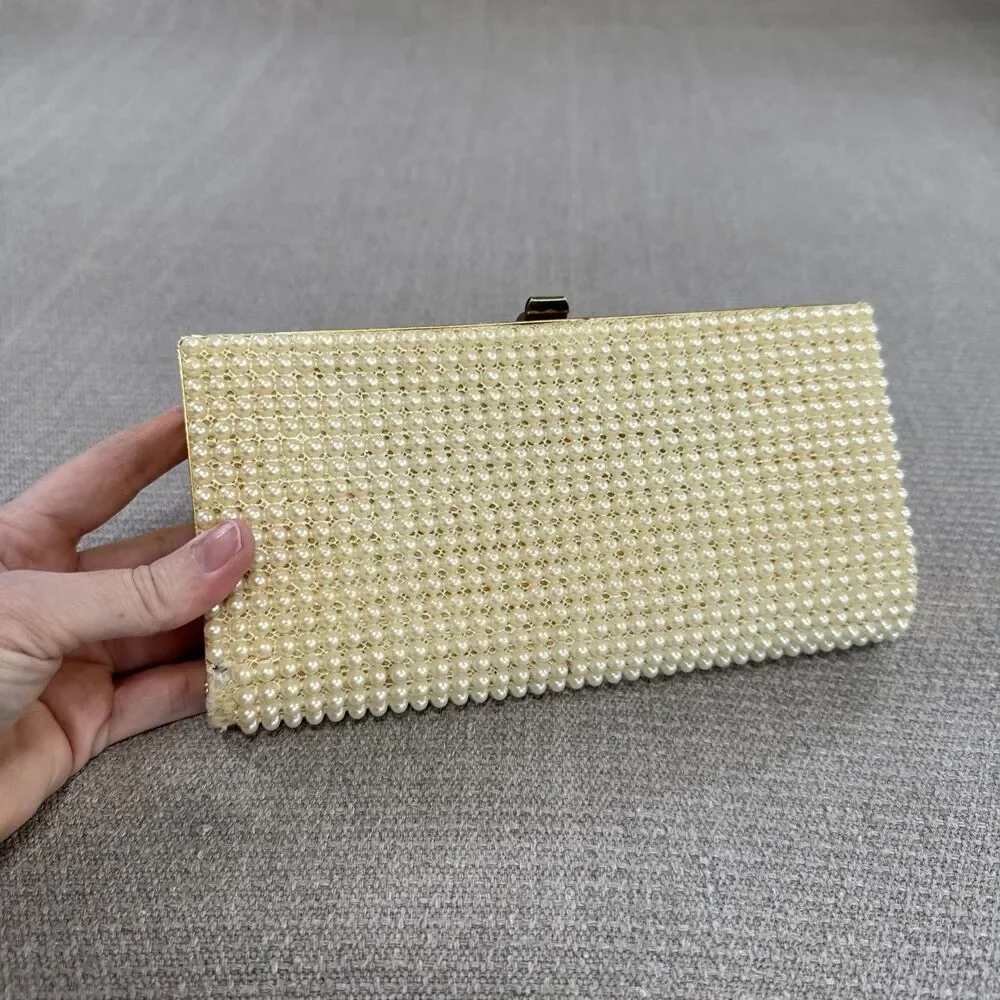 Vintage Faux Pearl Clutch Purse Gold Tone Frame Bag Mid Century MCM Glam Classy